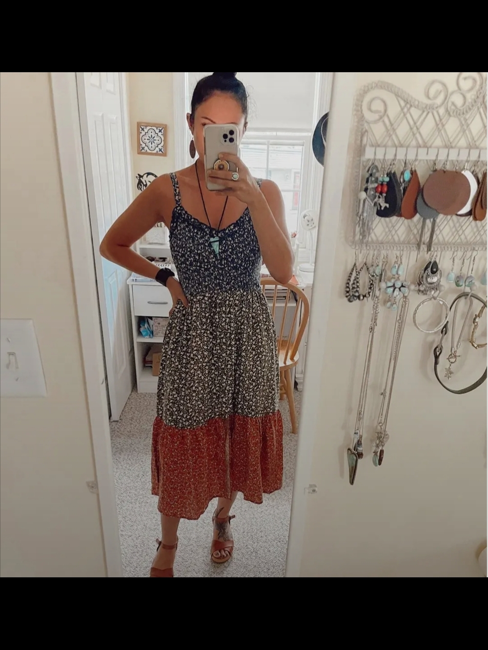 BOG Collective Tiered Midi Dress in Navy, Green, and Rust